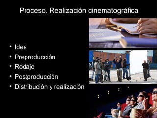 ● Idea
● Preproducción
● Rodaje
● Postproducción
● Distribución y realización
Proceso. Realización cinematográfica
 
