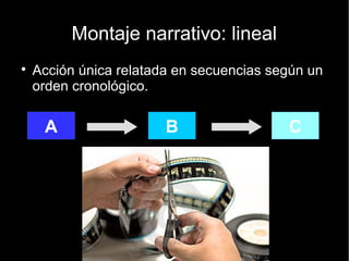 El tiempo. Montaje
● Tiempo condensado. Es la forma normal de la
narración cinematográfica: selección de los
acontecimientos significativos de una historia.
● Tiempo fiel. En algunas películas (La soga, de
Hitchcock) coincide casi exactamente el tiempo de la
historia y la duración de la película (serie 24h)
● Tiempo abolido. Filmes que mezclan tiempos
diferentes en el mismo espacio y en las mismas
tomas. Caos temporal
 