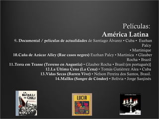 Películas:
América Latina

9. Documental / películas de actualidades de Santiago Álvarez • Cuba • Euzhan
Palcy
• Martinique
10.Caña de Azúcar Alley (Rue casos negres) Euzhan Palcy • Martinica • Glauber
Rocha • Brazil
11.Terra em Transe (Terreno en Angustia) • Glauber Rocha • Brasil (en portugués)]
12.La Última Cena (La Cena) • Tomás Gutiérrez Alea • Cuba
13.Vidas Secas (Barren Vive) • Nelson Pereira dos Santos, Brasil.
14.Mallku (Sangre de Cóndor) • Bolivia • Jorge Sanjinés

 