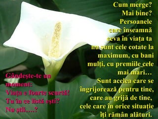 Cum merge?  Mai bine?  Persoanele  care înseamnă  ceva în viaţa ta  nu sunt cele cotate la maximum,   cu bani mulţi, cu premiile cele mai   mari…  Sunt acelea care se îngrijorează pentru tine,  care au grijă de tine,  cele care în orice situaţie îţi rămân alături .   Gândeşte-te un moment :   Viaţa e   foarte scurtă!  Tu în ce listă eşti?  Nu ştii….?   