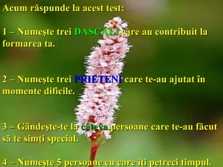 Acum răspunde la acest test:   1 – Numeşte trei  DASCĂLI   care au contribuit la formarea ta. 2 – Numeşte trei  PRIETENI   care te-au ajutat în momente dificile. 3 – Gândeşte-te la  câteva  persoane care te-au făcut să te simţi special. 4 – Numeşte 5 persoane cu care îţi petreci timpul. 