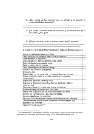F. ¿Qué opinas de las personas que no piensan y no asumen la
              responsabilidad de sus actos?
        ____________________________________________________________
        ________________________________________________________

           G. ¿Te rindes fácilmente ante los obstáculos y dificultades que se te
              presenten?, ¿Por qué?
        ____________________________________________________________
        ________________________________________________________

           H. ¿Eliges a tus amigos por lo que son o por interés?, ¿por qué?
        ____________________________________________________________
        ________________________________________________________

        5. marca si o no de acuerdo como actúes en cada una de las situaciones

       Llamar a cada persona por su nombre
       Decir apodos a las personas, que no son su nombre
       Gritar para que lo escuchen
       Usar expresiones de burla para referirse a otros
       Esconder las pertenencias de otros
       Pedir el favor y dar las gracias
       Decir mentiras para evitarse un castigo
       Resolver los conflictos dialogando
       Empujar a otro
       Saber hablar con la verdad, tal y como ocurrieron los hechos
       Poner zancadilla, pellizcar, morder y arañar al compañero
       o compañero
       Expresarse de forma amable y clara
       Expresar el disgusto insultando y diciendo palabras vulgares
        al otro u otra
       Disfrutar molestando a otros para que se enfurezcan
       Hacer silencio y atender cuando otro habla
       Actuar y no responder por las consecuencias de los actos
       Cumplir las normas cuando se esta amenazado
       Llevar a casa lo que no pertenece
       Ayudar a otros solo cuando hay una retribución que me convenga
       Comprometerse con las tareas cotidianas sin necesidad de que
       alguien se las recuerde
       Hay convivencia cuando518


518
   RIOS ECHEVERRY, María Eugenia. Hablemos de convivencia – conflicto y conciliación: guía para el
diagnostico y la intervención inicial. Primera edición. Pereira: gráficas Metropolitana, 2005.


                                                111
 