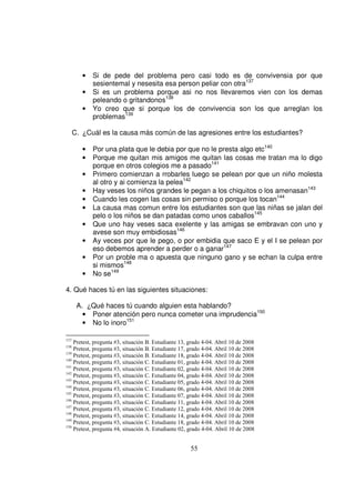 •   Si de pede del problema pero casi todo es de convivensia por que
             sesientemal y nesesita esa person peliar con otra137
         •   Si es un problema porque asi no nos llevaremos vien con los demas
             peleando o gritandonos138
         •   Yo creo que si porque los de convivencia son los que arreglan los
             problemas139

      C. ¿Cuál es la causa más común de las agresiones entre los estudiantes?

         •   Por una plata que le debia por que no le presta algo etc140
         •   Porque me quitan mis amigos me quitan las cosas me tratan ma lo digo
             porque en otros colegios me a pasado141
         •   Primero comienzan a rrobarles luego se pelean por que un niño molesta
             al otro y ai comienza la pelea142
         •   Hay veses los niños grandes le pegan a los chiquitos o los amenasan143
         •   Cuando les cogen las cosas sin permiso o porque los tocan144
         •   La causa mas comun entre los estudiantes son que las niñas se jalan del
             pelo o los niños se dan patadas como unos caballos145
         •   Que uno hay veses saca exelente y las amigas se embravan con uno y
             avese son muy embidiosas146
         •   Ay veces por que le pego, o por embidia que saco E y el I se pelean por
             eso debemos aprender a perder o a ganar147
         •   Por un proble ma o apuesta que ninguno gano y se echan la culpa entre
             si mismos148
         •   No se149

4. Qué haces tú en las siguientes situaciones:

       A. ¿Qué haces tú cuando alguien esta hablando?
         • Poner atención pero nunca cometer una imprudencia150
         • No lo inoro151

137
    Pretest, pregunta #3, situación B. Estudiante 13, grado 4-04. Abril 10 de 2008
138
    Pretest, pregunta #3, situación B. Estudiante 17, grado 4-04. Abril 10 de 2008
139
    Pretest, pregunta #3, situación B. Estudiante 18, grado 4-04. Abril 10 de 2008
140
    Pretest, pregunta #3, situación C. Estudiante 01, grado 4-04. Abril 10 de 2008
141
    Pretest, pregunta #3, situación C. Estudiante 02, grado 4-04. Abril 10 de 2008
142
    Pretest, pregunta #3, situación C. Estudiante 04, grado 4-04. Abril 10 de 2008
143
    Pretest, pregunta #3, situación C. Estudiante 05, grado 4-04. Abril 10 de 2008
144
    Pretest, pregunta #3, situación C. Estudiante 06, grado 4-04. Abril 10 de 2008
145
    Pretest, pregunta #3, situación C. Estudiante 07, grado 4-04. Abril 10 de 2008
146
    Pretest, pregunta #3, situación C. Estudiante 11, grado 4-04. Abril 10 de 2008
147
    Pretest, pregunta #3, situación C. Estudiante 12, grado 4-04. Abril 10 de 2008
148
    Pretest, pregunta #3, situación C. Estudiante 14, grado 4-04. Abril 10 de 2008
149
    Pretest, pregunta #3, situación C. Estudiante 18, grado 4-04. Abril 10 de 2008
150
    Pretest, pregunta #4, situación A. Estudiante 02, grado 4-04. Abril 10 de 2008


                                                      55
 