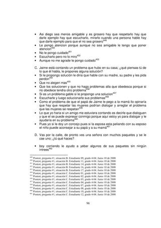 •   Asi diego sea menos amigable y es grosero hay que respetarlo hay que
          darle ejemplo hay que escucharlo, mirarlo cuando una persona hable hay
          que darle ejemplo para que el no sea grosero449
      •   Le pongo atencion porque aunque no sea amigable le tengo que poner
          atencion450
      •   No le pongo cuidado451
      •   Escucharlo pero no lo miro452
      •   Aunque no me agrade le pongo cuidado453

      C. Jaime está contando un problema que hubo en su casa; ¿qué piensas tú de
         lo que él habla, le propones alguna solución?
      • Si le propongo solución le diria que hable con su madre, su padre y les pida
         perdon454
      • Que no alegen mas455
      • Que los solucionen y que no haga problemas alla que obedesca porque si
         no obedece tendra otro problema456
      • Si es un problema gable si le propongo una solucion457
      • Escucharle y luego solucionarle sus problemas458
      • Como el problema de que el papá de Jaime le pego a la mamá llo opinaría
         que hay que respetar las mujeres podrían dialogar y arreglar el problema
         que las mujeres se respetan459
      • Lo que yo haria si un amigo me estuviera contando es decirle que dialoguen
         y que el se puede expresar conmigo porque aquí estoy yo para dialogar y le
         ayudaría en su problema460
      • Pues yo si le doy un concejo pues si la esposa esta peliando con su esposo
         el niño puede aconsejar a su papá y a su mamá461

      D. Vas por la calle, de pronto ves una señora con muchos paquetes y se le
         cae uno; ¿tú qué haces?

      •   boy corriendo le ayudo a yebar algunos de sus paquetes sin ningún
          intrees462

449
    Postest, pregunta #1, situación B. Estudiante 09, grado 4-04. Junio 10 de 2008
450
    Postest, pregunta #1, situación B. Estudiante 11, grado 4-04. Junio 10 de 2008
451
    Postest, pregunta #1, situación B. Estudiante 14, grado 4-04. Junio 10 de 2008
452
    Postest, pregunta #1, situación B. Estudiante 16, grado 4-04. Junio 10 de 2008
453
    Postest, pregunta #1, situación B. Estudiante 17, grado 4-04. Junio 10 de 2008
454
    Postest, pregunta #1, situación C. Estudiante 01, grado 4-04. Junio 10 de 2008
455
    Postest, pregunta #1, situación C. Estudiante 02, grado 4-04. Junio 10 de 2008
456
    Postest, pregunta #1, situación C. Estudiante 03, grado 4-04. Junio 10 de 2008
457
    Postest, pregunta #1, situación C. Estudiante 04, grado 4-04. Junio 10 de 2008
458
    Postest, pregunta #1, situación C. Estudiante 07, grado 4-04. Junio 10 de 2008
459
    Postest, pregunta #1, situación C. Estudiante 08, grado 4-04. Junio 10 de 2008
460
    Postest, pregunta #1, situación C. Estudiante 10, grado 4-04. Junio 10 de 2008
461
    Postest, pregunta #1, situación C. Estudiante 12, grado 4-04. Junio 10 de 2008


                                                      96
 