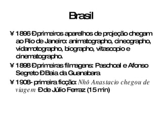 Brasil 1896 – primeiros aparelhos de projeção chegam ao Rio de Janeiro: animatographo, cineographo, vidamotographo, biographo, vitascopio e cinematographo. 1898 – primeiras filmagens: Paschoal e Afonso Segreto – Baia da Guanabara 1908- primeira ficção:  Nhô Anastacio   chegou de viagem  – de Júlio Ferraz (15 min) 