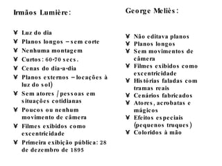 Irmãos Lumière:  Luz do dia Planos longos – sem corte Nenhuma montagem Curtos: 60-70 secs.  Cenas do dia-a-dia  Planos externos – locações à luz do sol)  Sem atores / pessoas em situações cotidianas Poucos ou nenhum movimento de câmera Filmes exibidos como excentricidade   Primeira exibição pública: 28 de dezembro de 1895 George Meliès:  Não editava planos Planos longos Sem movimentos de câmera Filmes exibidos como excentricidade Histórias faladas com tramas reais Cenários fabricados Atores, acrobatas e mágicos Efeitos especiais (pequenos truques) Coloridos à mão 