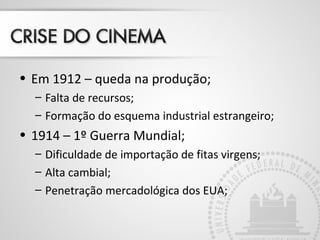 • Em 1912 – queda na produção;
– Falta de recursos;
– Formação do esquema industrial estrangeiro;
• 1914 – 1º Guerra Mundial;
– Dificuldade de importação de fitas virgens;
– Alta cambial;
– Penetração mercadológica dos EUA;
 