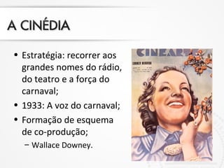 • Estratégia: recorrer aos
grandes nomes do rádio,
do teatro e a força do
carnaval;
• 1933: A voz do carnaval;
• Formação de esquema
de co-produção;
– Wallace Downey.
 
