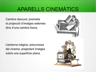 APARELLS CINEMÀTICS
Cambra obscura: premetia
la projecció d’imatges externes
dins d’una cambra fosca.
Llanterna màgica: precursosa
del cinema, projectant imatges
sobre una superfície plana.
 