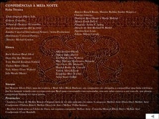 CONFIDÊNCIAS À MEIA NOITE
Ficha Técnica
Título Original: Pillow Talk
Gênero: Comédia
Tempo de Duração: 105 minutos
Ano de Lançamento (EUA): 1959
Estúdio: Universal International Pictures / Arwin Productions
Distribuição: Universal Pictures
Direção: Michael Gordon
Elenco
Rock Hudson (Brad Allen)
Doris Day (Jan Morrow)
Tony Randall (Jonathan Forbes)
Thelma Ritter (Alma)
Nick Adams (Tony Walters)
Julia Meade (Marie)
Sinopse
Jan Morrow (Doris Day), uma decoradora, e Brad Allen (Rock Hudson), um compositor, são obrigados a compartilhar uma linha telefônica.
Jan fica bastante irritada com o tempo com que Brad gasta conversando com namoradas, mas sem saber começa a sair com ele, que planeja
conquistá-la fingindo ser outra pessoa.
Premiações
- Ganhou o Oscar de Melhor Roteiro Original, além de ter sido indicado em outras 4 categorias: Melhor Atriz (Doris Day), Melhor Atriz
Coadjuvante (Thelma Ritter), Melhor Direçã de Arte e Melhor Trilha Sonora.
- Recebeu 2 indicações ao Globo de Ouro, nas seguintes categorias: Melhor Atriz - Comédia/Musical (Doris Day) e Melhor Ator
Coadjuvante (Tony Randall).
Roteiro: Russell Rouse, Maurice Richlin, Stanley Shapiro e
Clarence Greene,
Produção: Ross Hunter e Martin Melcher
Música: Frank DeVol
Fotografia: Arthur E. Arling
Direção de Arte: Richard H. Riedel
Figurino: Jean Louis
Edição: Milton Carruth
Allen Jenkins (Harry)
Marcel Dalio (Pierot)
Lee Patrick (Sra. Walters)
Mary McCarty (Enfermeira Resnick)
Alex Gerry (Dr. Maxwell)
Hayden Rorke (Sr. Conrad)
Valerie Allen (Eileen)
Jacqueline Beer (Yvette)
Arlen Stuart (Tilda)
 
