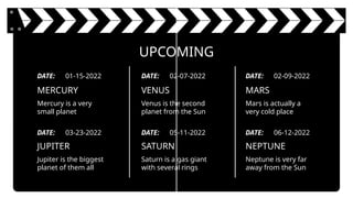 MERCURY
Mercury is a very
small planet
VENUS
Venus is the second
planet from the Sun
UPCOMING
JUPITER
Jupiter is the biggest
planet of them all
SATURN
Saturn is a gas giant
with several rings
MARS
Mars is actually a
very cold place
NEPTUNE
Neptune is very far
away from the Sun
DATE: 03-23-2022
DATE: 01-15-2022
DATE: 05-11-2022
DATE: 02-07-2022
DATE: 06-12-2022
DATE: 02-09-2022
 