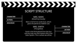 SCRIPT STRUCTURE
MRS. MARS
(Breathing heavily)
Mars is full of iron oxide dust, which
gives the planet its reddish cast
MRS. EARTH
(Thoughtful)
Earth is the third planet from the Sun
and the only one that harbors life in the
Solar System. This is where we all live
CHARACTER:
ACTION:
DIALOGUE:
:CHARACTER
:ACTION
:DIALOGUE
 