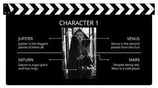 CHARACTER 1
VENUS
Venus is the second
planet from the Sun
MARS
Despite being red,
Mars is a cold place
JUPITER
Jupiter is the biggest
planet of them all
SATURN
Saturn is a gas giant
and has rings
 