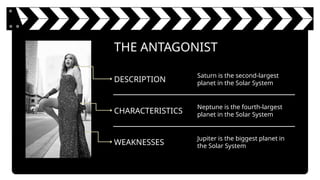 THE ANTAGONIST
DESCRIPTION
Saturn is the second-largest
planet in the Solar System
CHARACTERISTICS
Neptune is the fourth-largest
planet in the Solar System
WEAKNESSES
Jupiter is the biggest planet in
the Solar System
 