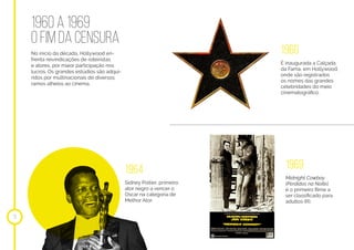 1960 a 1969
o fim da censura
No inicio da década, Hollywood en-
frenta reivindicações de roteiristas
e atores, por maior participação nos
lucros. Os grandes estúdios são adqui-
ridos por multinacionais de diversos
ramos alheios ao cinema.
11
1960
1969
É inaugurada a Calçada
da Fama, em Hollywood,
onde são registrados
os nomes das grandes
celebridades do meio
cinematográfico.
Midnight Cowboy
(Perdidos na Noite),
é o primeiro filme a
ser classificado para
adultos (R).
1964
Sidney Poitier, primeiro
ator negro a vencer o
Oscar na categoria de
Melhor Ator.
 