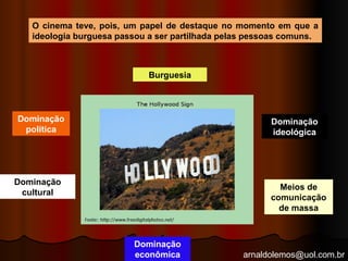 arnaldolemos@uol.com.br
O cinema teve, pois, um papel de destaque no momento em que a
ideologia burguesa passou a ser partilhada pelas pessoas comuns.
Burguesia
Dominação
econômica
Dominação
cultural
Dominação
ideológica
Dominação
política
Meios de
comunicação
de massa
 