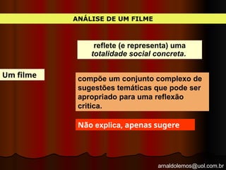 arnaldolemos@uol.com.br
ANÁLISE DE UM FILME
Um filme
reflete (e representa) uma
totalidade social concreta.
compõe um conjunto complexo de
sugestões temáticas que pode ser
apropriado para uma reflexão
critica.
Não explica, apenas sugere
 
