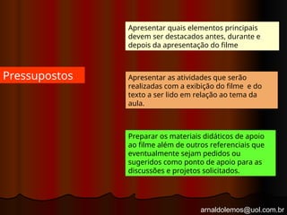 arnaldolemos@uol.com.br
Pressupostos
Apresentar quais elementos principais
devem ser destacados antes, durante e
depois da apresentação do filme
Apresentar as atividades que serão
realizadas com a exibição do filme e do
texto a ser lido em relação ao tema da
aula.
Preparar os materiais didáticos de apoio
ao filme além de outros referenciais que
eventualmente sejam pedidos ou
sugeridos como ponto de apoio para as
discussões e projetos solicitados.
 