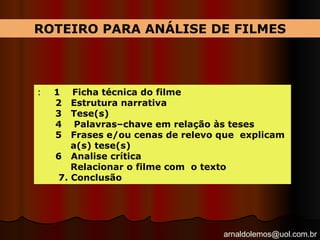 arnaldolemos@uol.com.br
ROTEIRO PARA ANÁLISE DE FILMES
: 1 Ficha técnica do filme
2 Estrutura narrativa
3 Tese(s)
4 Palavras–chave em relação às teses
5 Frases e/ou cenas de relevo que explicam
a(s) tese(s)
6 Analise crítica
Relacionar o filme com o texto
7. Conclusão
 