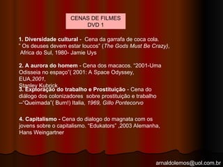 arnaldolemos@uol.com.br
CENAS DE FILMES
DVD 1
1. Diversidade cultural - Cena da garrafa de coca cola.
” Os deuses devem estar loucos” (The Gods Must Be Crazy),
Africa do Sul, 1980- Jamie Uys
2. A aurora do homem - Cena dos macacos. “2001-Uma
Odisseia no espaço”( 2001: A Space Odyssey,
EUA,2001,
Stanley Kubrick
3. Exploração do trabalho e Prostituição - Cena do
diálogo dos colonizadores sobre prostituição e trabalho
--“Queimada”( Burn!) Italia, 1969, Gillo Pontecorvo
4. Capitalismo - Cena do dialogo do magnata com os
jovens sobre o capitalismo. “Edukators” ,2003 Alemanha,
Hans Weingartner
 