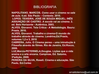 arnaldolemos@uol.com.br
BIBLIOGRAFIA
NAPOLITANO, MARCOS. Como usar o cinema na sala
de aula. 4.ed. São Paulo – Contexto. 2010.
LOPES; TEIXEIRA, JOSÉ DE SOUZA MIGUEL; INÊS
ASSUNÇÃO DE CASTRO. A escola vai ao cinema. 2.
ed. Belo Horizonte - Autêntica, 2003.
ALVES, Giovanni. Tela Critica - A Metodologia. Bauru:
Praxis, 2010.
ALVES, Giovanni. Trabalho e cinema-O mundo do
trabalho através do cinema. Londrina,Ed.Praxis,
volumes 1,2 e 3, 2010
CABRERA, Julio. O Cinema pensa – uma introdução à
Filosofia através de filmes. Rio de Janeiro, Ed.Rocco,
2006.
LUZ,Marcia-PETERNELA,Douglas. Lições que a vida
ensina e a arte encena. Campinas, Ed. Satomo,
3ªedição, 2009.
PEREIRA DA SILVA, Roseli. Cinema e educação. São
Paulo, Ed.Cortez
 
