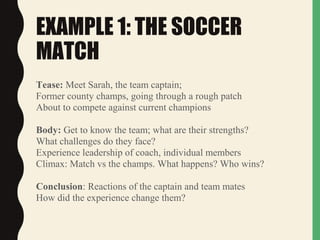 EXAMPLE 1: THE SOCCER
MATCH
Tease: Meet Sarah, the team captain;
Former county champs, going through a rough patch
About to compete against current champions
Body: Get to know the team; what are their strengths?
What challenges do they face?
Experience leadership of coach, individual members
Climax: Match vs the champs. What happens? Who wins?
Conclusion: Reactions of the captain and team mates
How did the experience change them?
 