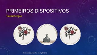 PRIMEIROS DISPOSITIVOS
Taumatrópio
Brinquedo popular na Inglaterra
 