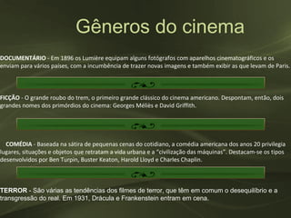 Gêneros do cinema
DOCUMENTÁRIO - Em 1896 os Lumière equipam alguns fotógrafos com aparelhos cinematográficos e os
enviam para vários países, com a incumbência de trazer novas imagens e também exibir as que levam de Paris.



FICÇÃO - O grande roubo do trem, o primeiro grande clássico do cinema americano. Despontam, então, dois
grandes nomes dos primórdios do cinema: Georges Méliès e David Griffith.




  COMÉDIA - Baseada na sátira de pequenas cenas do cotidiano, a comédia americana dos anos 20 privilegia
lugares, situações e objetos que retratam a vida urbana e a “civilização das máquinas”. Destacam-se os tipos
desenvolvidos por Ben Turpin, Buster Keaton, Harold Lloyd e Charles Chaplin.



TERROR - São várias as tendências dos filmes de terror, que têm em comum o desequilíbrio e a
transgressão do real. Em 1931, Drácula e Frankenstein entram em cena.
 