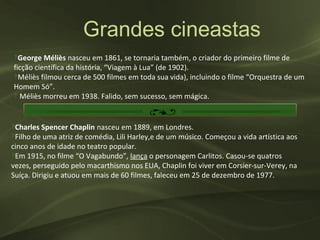 Grandes cineastas
‽George Méliès nasceu em 1861, se tornaria também, o criador do primeiro filme de
ficção científica da história, “Viagem à Lua” (de 1902).
‽Méliès filmou cerca de 500 filmes em toda sua vida), incluindo o filme “Orquestra de um
Homem Só”.
‽ Méliès morreu em 1938. Falido, sem sucesso, sem mágica.


‽Charles Spencer Chaplin nasceu em 1889, em Londres.
‽Filho de uma atriz de comédia, Lili Harley,e de um músico. Começou a vida artística aos
cinco anos de idade no teatro popular.
‽Em 1915, no filme “O Vagabundo”, lança o personagem Carlitos. Casou-se quatros
vezes, perseguido pelo macarthismo nos EUA, Chaplin foi viver em Corsier-sur-Verey, na
Suíça. Dirigiu e atuou em mais de 60 filmes, faleceu em 25 de dezembro de 1977.
 