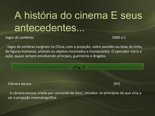 A história do cinema E seus
     antecedentes...
Jogos de sombras:                                                  5000 a.C.

‽Jogos de sombras surgiram na China, com a projeção, sobre paredes ou telas de linho,
de figuras humanas, animais ou objetos recortados e manipulados. O operador narra a
ação, quase sempre envolvendo príncipes, guerreiros e dragões.




 Câmara escura                                                      (XV)

 ‽A câmara escura, criada por Leonardo da Vinci, introduz os princípios do que viria a
 ser a projeção cinematográfica
 