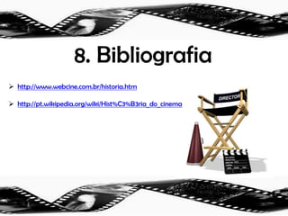 6. Cinema mudo	A apresentação pública do cinematógrafo marca oficialmente o início da história do cinema. Desde o inicio inventores e produtores, tentaram juntar a imagem com um som sincronizado. Mas nenhuma técnica deu certo, até á década de 20. Assim sendo, durante 30 anos, os filmes eram praticamente silenciosos sendo acompanhados muitas vezes musica ao vivo, outras vezes de efeitos especiais, narração e diálogos escritos presentes entre cenas.