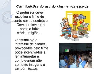 Contribuições do uso do cinema nas escolas
    O professor deve
  escolher o filme de
acordo com o conteúdo
  . Devendo levar em
      conta a faixa
    etária, religião ...

  O estímulo e o
  interesse da criança
  provocados pelo filme
  pode incentivá-los a
  ler, interpretar e
  compreender não
  somente imagens e
  também textos.
 