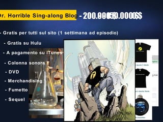 Dr. Horrible Sing-along Blog - Gratis per tutti sul sito (1 settimana ad episodio) - Gratis su Hulu - A pagamento su iTunes - Colonna sonora - DVD - 200.000 $ - Merchandising - Fumetto - Sequel - 150.000 $ -  0 $ 