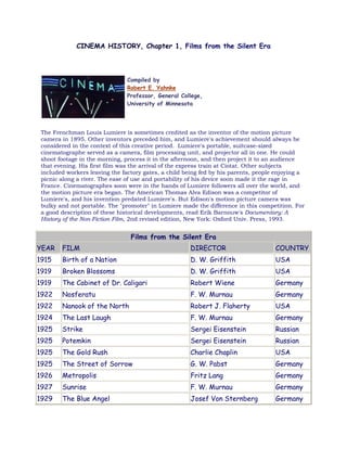 CINEMA HISTORY, Chapter 1, Films from the Silent Era
Compiled by
Robert E. Yahnke
Professor, General College,
University of Minnesota
The Frenchman Louis Lumiere is sometimes credited as the inventor of the motion picture
camera in 1895. Other inventors preceded him, and Lumiere's achievement should always be
considered in the context of this creative period. Lumiere's portable, suitcase-sized
cinematographe served as a camera, film processing unit, and projector all in one. He could
shoot footage in the morning, process it in the afternoon, and then project it to an audience
that evening. His first film was the arrival of the express train at Ciotat. Other subjects
included workers leaving the factory gates, a child being fed by his parents, people enjoying a
picnic along a river. The ease of use and portability of his device soon made it the rage in
France. Cinematographes soon were in the hands of Lumiere followers all over the world, and
the motion picture era began. The American Thomas Alva Edison was a competitor of
Lumiere's, and his invention predated Lumiere's. But Edison's motion picture camera was
bulky and not portable. The "promoter" in Lumiere made the difference in this competition. For
a good description of these historical developments, read Erik Barnouw's Documentary: A
History of the Non-Fiction Film, 2nd revised edition, New York: Oxford Univ. Press, 1993.
Films from the Silent Era
YEAR FILM DIRECTOR COUNTRY
1915 Birth of a Nation D. W. Griffith USA
1919 Broken Blossoms D. W. Griffith USA
1919 The Cabinet of Dr. Caligari Robert Wiene Germany
1922 Nosferatu F. W. Murnau Germany
1922 Nanook of the North Robert J. Flaherty USA
1924 The Last Laugh F. W. Murnau Germany
1925 Strike Sergei Eisenstein Russian
1925 Potemkin Sergei Eisenstein Russian
1925 The Gold Rush Charlie Chaplin USA
1925 The Street of Sorrow G. W. Pabst Germany
1926 Metropolis Fritz Lang Germany
1927 Sunrise F. W. Murnau Germany
1929 The Blue Angel Josef Von Sternberg Germany
 
