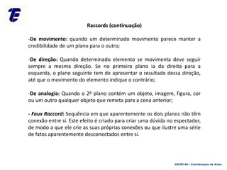 CEFET-RJ - Coordenação de Artes
Raccords (continuação)
-De movimento: quando um determinado movimento parece manter a
credibilidade de um plano para o outro;
-De direção: Quando determinado elemento se movimenta deve seguir
sempre a mesma direção. Se no primeiro plano ia da direita para a
esquerda, o plano seguinte tem de apresentar o resultado dessa direção,
até que o movimento do elemento indique o contrário;
-De analogia: Quando o 2º plano contém um objeto, imagem, figura, cor
ou um outro qualquer objeto que remeta para a cena anterior;
- Faux Raccord: Sequência em que aparentemente os dois planos não têm
conexão entre si. Este efeito é criado para criar uma dúvida no espectador,
de modo a que ele crie as suas próprias conexões ou que ilustre uma série
de fatos aparentemente desconectados entre si.
 