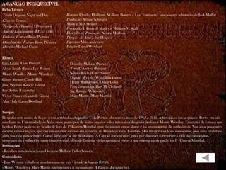 A CANÇÃO INESQUECÍVEL
Ficha Técnica
Título Original: Night and Day            Roteiro: Charles Hoffman, William Bowers e Leo Townsend, baseado em adaptação de Jack Moffitt
Gênero: Drama                             Produção: Arthur Schwartz
                                          Música: Max Steiner
Tempo de Duração: 128 minutos
                                          Fotografia: J. Peverell Marley e William V. Skall
Ano de Lançamento (EUA): 1946             Desenho de Produção: Armor Marlowe
Estúdio: Warner Bros. Pictures            Direção de Arte: John Hughes
Distribuição: Warner Bros. Pictures       Figurino: Milo Anderson
Direção: Michael Curtiz                   Edição: David Weisbart

Elenco
Cary Grant (Cole Porter)                     Dorothy Malone (Nancy)
Alexis Smith (Linda Lee Porter)              Tom D'Andrea (Bernie)
Monty Woolley (Monty Woolley)                Selena Royle (Kate Porter)
                                             Donald Woods (Ward Blackburn)
Ginny Simms (Carole Hill)
                                             Henry Stephenson (Omar Cole)
Jane Wyman (Gracie Harris)                   Paul Cavanaugh (Bart McClelland)
Eve Arden (Gabrielle)                        Sig Ruman (Wilowski)
Victor Francen (Anatole Giron)               Mary Martin (Mary Martin)
Alan Hale (Leon Dowling)

Sinopse
Biografia com muito de ficção sobre a vida do compositor Cole Porter. durante os anos de 1912 a 1946. A história se inicia quando Porter era um
estudante na Universidade de Yale, onde participou de teatro amador sob a tutela do rabugento professor Monty Woolley. Em razão da fortuna que
herdou Porter poderia ter ficado de fora da 1ª Guerra Mundial, mas ele insistiu em se alistar e foi um motorista de ambulância. Nos anos pós-guerra
escreve várias canções, que são um enorme sucesso em musicais da Broadway e em Londres. Mas não teria só bons momentos, pois uma fatalidade
afeta sua vida para sempre. Como filme que se diz biográfico, "A Canção Inesquecível" peca por distorcer fortemente a vida do compositor,
notoriamente conhecido como homossexual, além de fantasiar várias passagens como a que cita sua participação na 1ª Guerra Mundial.
Premiações
- Recebeu uma indicação ao Oscar de Melhor Trilha Sonora.
Curiosidades
- Jane Wyman trabalhou simultaneamente em Virtude Selvagem (1946).
- Monty Woolley e Mary Martin interpretam a si mesmos em A Canção Inesquecível.
 