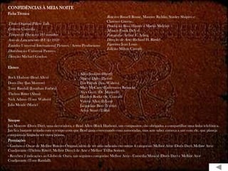 CONFIDÊNCIAS À MEIA NOITE
Ficha Técnica
                                                                Roteiro: Russell Rouse, Maurice Richlin, Stanley Shapiro e
                                                                Clarence Greene,
Título Original: Pillow Talk
                                                                Produção: Ross Hunter e Martin Melcher
Gênero: Comédia                                                 Música: Frank DeVol
Tempo de Duração: 105 minutos                                   Fotografia: Arthur E. Arling
Ano de Lançamento (EUA): 1959                                   Direção de Arte: Richard H. Riedel
Estúdio: Universal International Pictures / Arwin Productions   Figurino: Jean Louis
                                                                Edição: Milton Carruth
Distribuição: Universal Pictures
Direção: Michael Gordon

Elenco
                                               Allen Jenkins (Harry)
Rock Hudson (Brad Allen)                       Marcel Dalio (Pierot)
Doris Day (Jan Morrow)                         Lee Patrick (Sra. Walters)
Tony Randall (Jonathan Forbes)                 Mary McCarty (Enfermeira Resnick)
Thelma Ritter (Alma)                           Alex Gerry (Dr. Maxwell)
                                               Hayden Rorke (Sr. Conrad)
Nick Adams (Tony Walters)                      Valerie Allen (Eileen)
Julia Meade (Marie)                            Jacqueline Beer (Yvette)
                                               Arlen Stuart (Tilda)

Sinopse
Jan Morrow (Doris Day), uma decoradora, e Brad Allen (Rock Hudson), um compositor, são obrigados a compartilhar uma linha telefônica.
Jan fica bastante irritada com o tempo com que Brad gasta conversando com namoradas, mas sem saber começa a sair com ele, que planeja
conquistá-la fingindo ser outra pessoa.
Premiações
- Ganhou o Oscar de Melhor Roteiro Original, além de ter sido indicado em outras 4 categorias: Melhor Atriz (Doris Day), Melhor Atriz
Coadjuvante (Thelma Ritter), Melhor Direçã de Arte e Melhor Trilha Sonora.
- Recebeu 2 indicações ao Globo de Ouro, nas seguintes categorias: Melhor Atriz - Comédia/Musical (Doris Day) e Melhor Ator
Coadjuvante (Tony Randall).
 