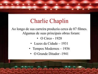 Charlie Chaplin
Ao longo de sua carreira produziu cerca de 87 filmes.
Algumas de suas principais obras foram:
• O Circo - 1928
• Luzes da Cidade – 1931
• Tempos Modernos – 1936
• O Grande Ditador -1941
 