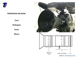 CEFET-RJ - Coordenação de Artes
Parâmetros da lente:
Foco
Diafragma
Zoom
Macro
 