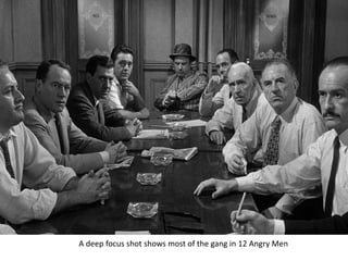 A deep focus shot shows most of the gang in 12 Angry Men
 