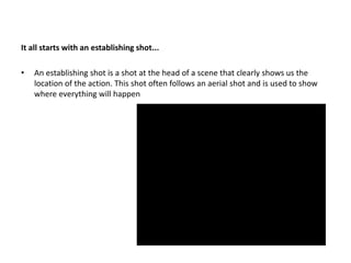 It all starts with an establishing shot...
• An establishing shot is a shot at the head of a scene that clearly shows us the
location of the action. This shot often follows an aerial shot and is used to show
where everything will happen
 