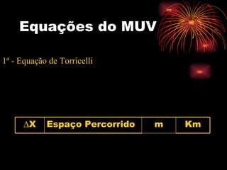 Equações do MUV   1ª - Equação de Torricelli Km m Espaço Percorrido  X 