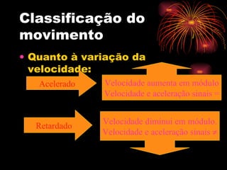 Classificação do movimento Quanto à variação da velocidade: Acelerado Velocidade aumenta em módulo Velocidade e aceleração sinais = Retardado Velocidade diminui em módulo. Velocidade e aceleração sinais   