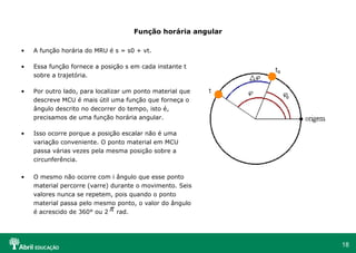 Função horária angular A função horária do MRU é s = s0 + vt. Essa função fornece a posição s em cada instante t sobre a trajetória. Por outro lado, para localizar um ponto material que descreve MCU é mais útil uma função que forneça o ângulo descrito no decorrer do tempo, isto é, precisamos de uma função horária angular. Isso ocorre porque a posição escalar não é uma variação conveniente. O ponto material em MCU passa várias vezes pela mesma posição sobre a circunferência. O mesmo não ocorre com i ângulo que esse ponto material percorre (varre) durante o movimento. Seis valores nunca se repetem, pois quando o ponto material passa pelo mesmo ponto, o valor do ângulo é acrescido de 360° ou 2  rad. 