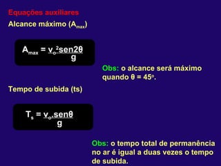 Equações auxiliares Alcance máximo (A max ) A max  =  v o 2 sen2 θ g Tempo de subida (ts) T s  =  v o .sen θ g Obs:  o alcance será máximo quando  θ  = 45 o .  Obs:  o tempo total de permanência no ar é igual a duas vezes o tempo de subida. 