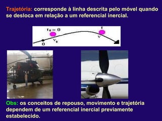 Trajetória:  corresponde à linha descrita pelo móvel quando se desloca em relação a um referencial inercial. Obs:  os conceitos de repouso, movimento e trajetória dependem de um referencial inercial previamente estabelecido.  