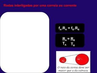 f A .R A  = f B .R B R A  =  R B T A T B Rodas interligadas por uma correia ou corrente 