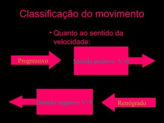 Classificação do movimento
              • Quanto ao sentido da
                velocidade:

Progressivo          Sentido positivo  V>0




      Sentido negativo V<0           Retrógrado
 