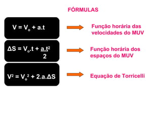 FÓRMULAS


 V = Vo + a.t             Função horária das
                          velocidades do MUV


ΔS = Vo.t + a.t2         Função horária dos
             2           espaços do MUV


V2 = Vo2 + 2.a.ΔS        Equação de Torricelli
 