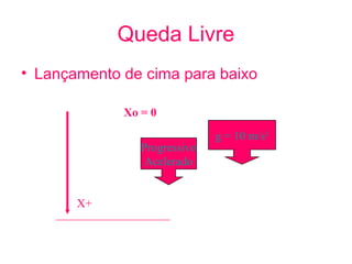 Queda Livre
• Lançamento de cima para baixo

             Xo = 0
                              g = 10 m/s2
                Progressivo
                 Acelerado


       X+
 